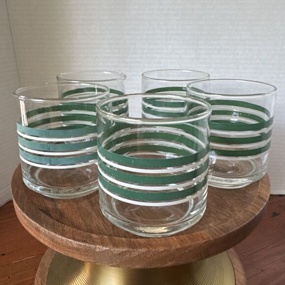 Vintage Green And White Small 8 Ounce Striped Juice Glasses Set of 5 - Picture 1 of 11